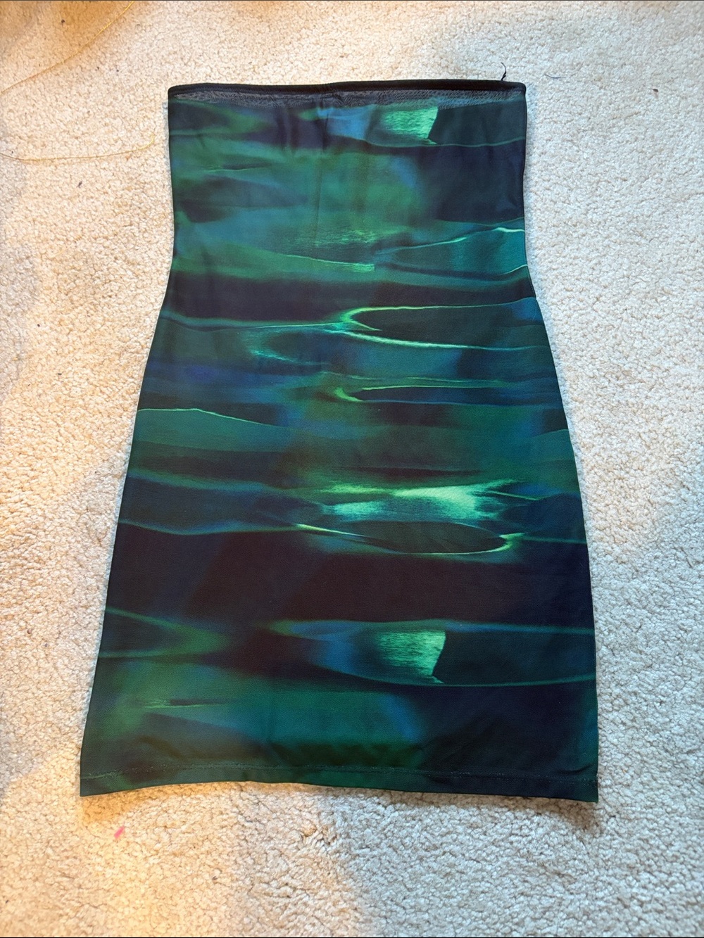 White Fox Boutique Iridescent Teal-Black Strapless Mini Dress
